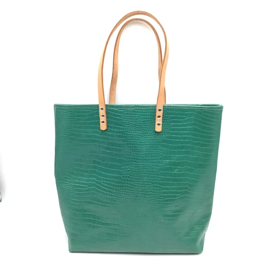 Handmade Tote Bag croc embossed green tan leather large handbag New